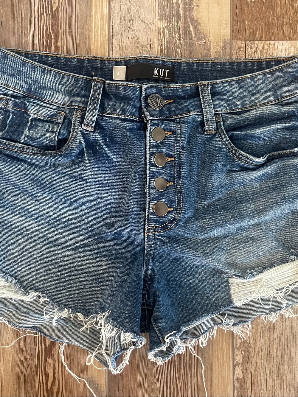 Kut from the Kloth Jane Blue Denim High-Rise Frayed Hem Shorts - 4